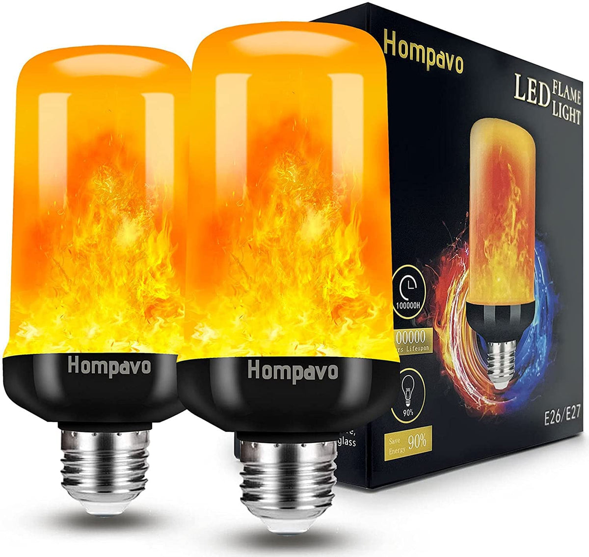 Hompavo upgraded LED flame light bulb front view showing realistic flicker for cozy spaces.