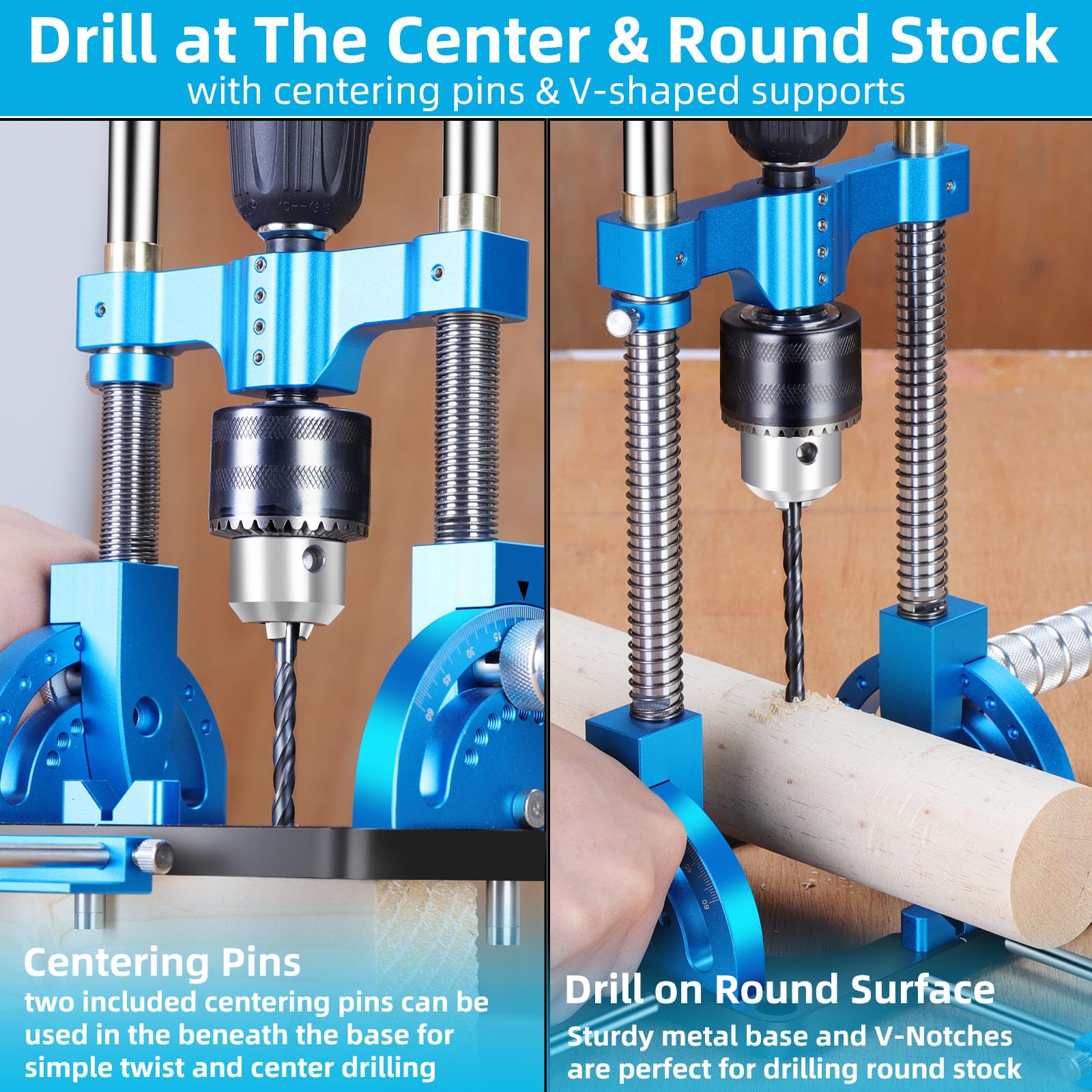 Hompoem drill guide with self-centering pins for quick alignment