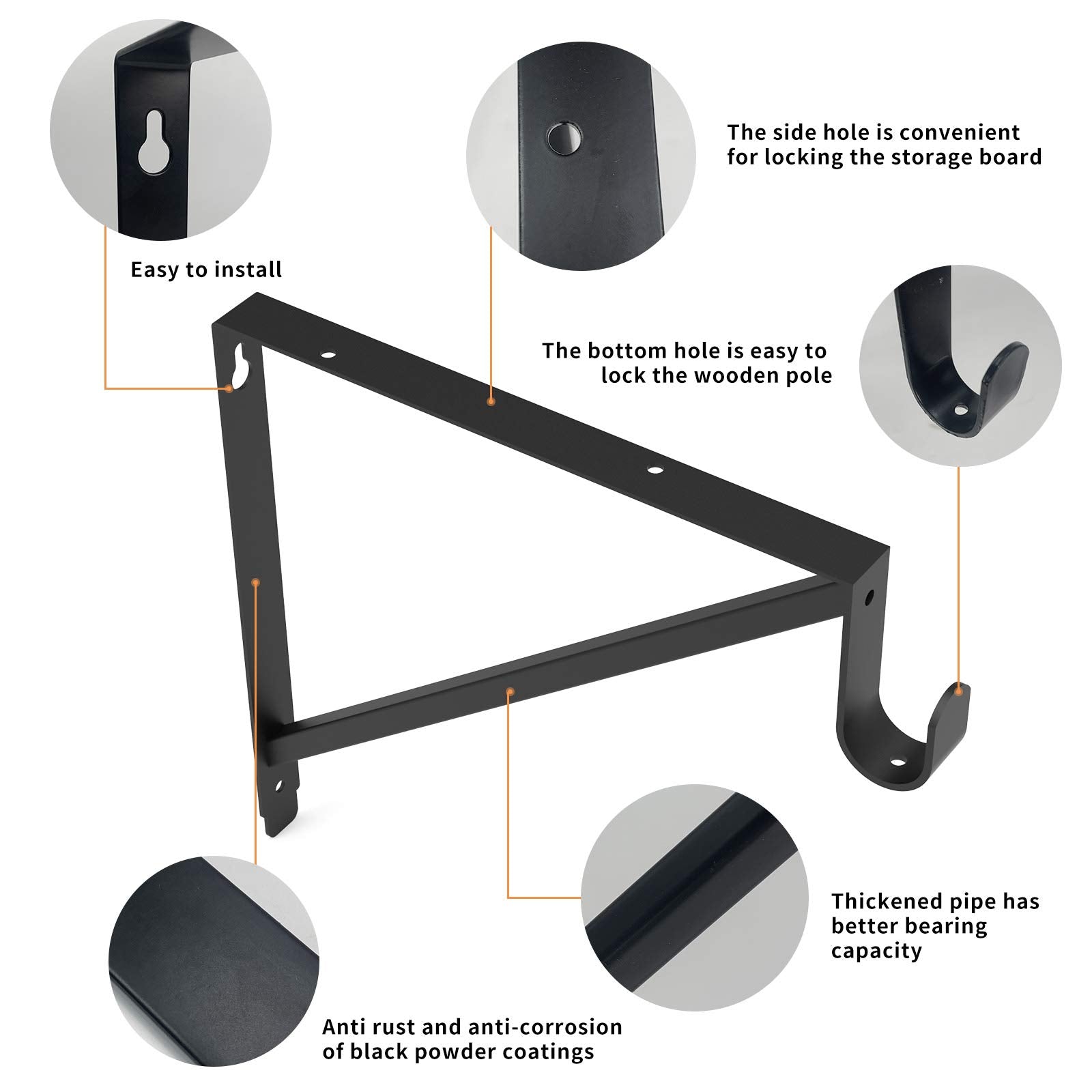 Homydom black closet bracket on wall, strong support for rod and shelf.