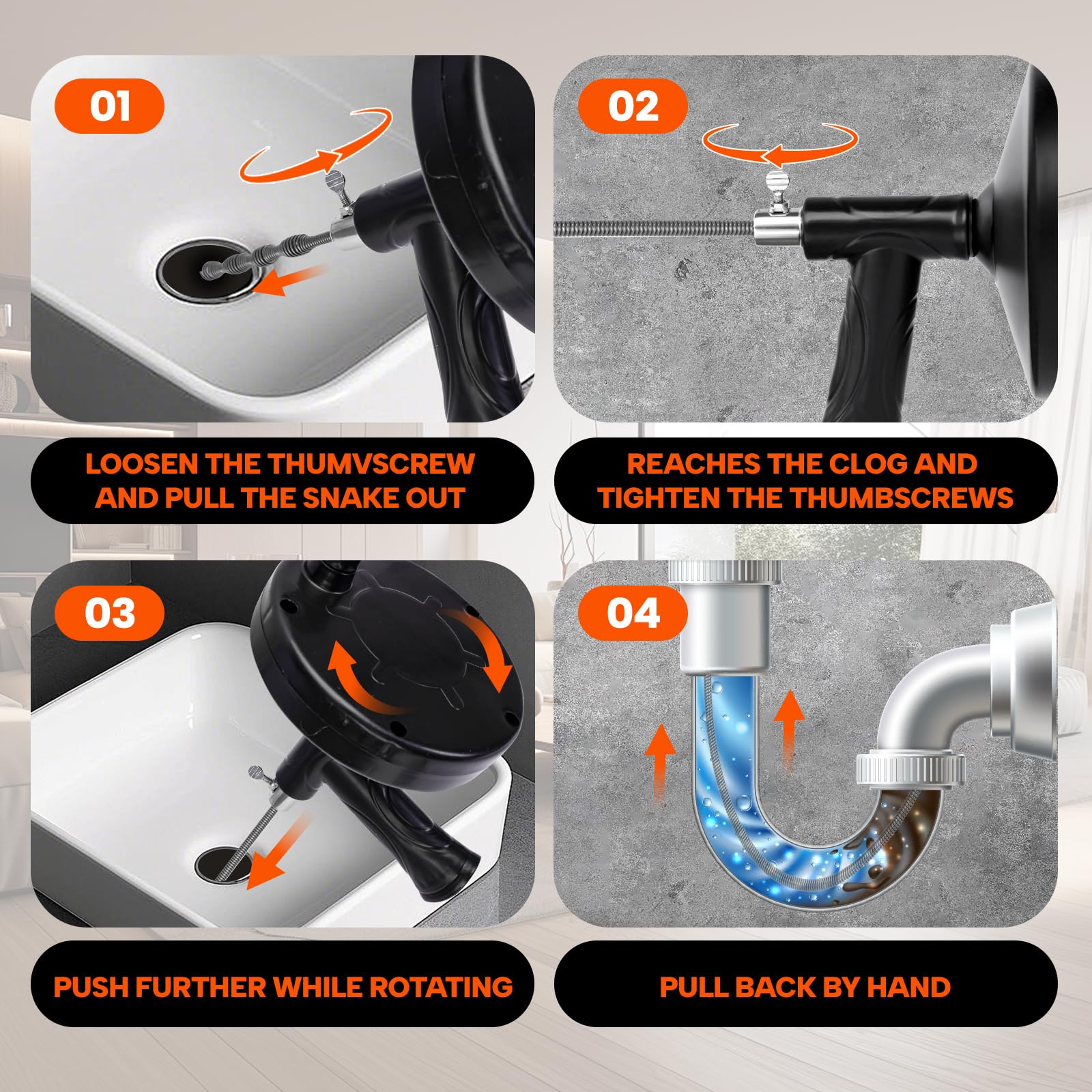 Hair clog removal action with Homyplaza drain snake in a sink