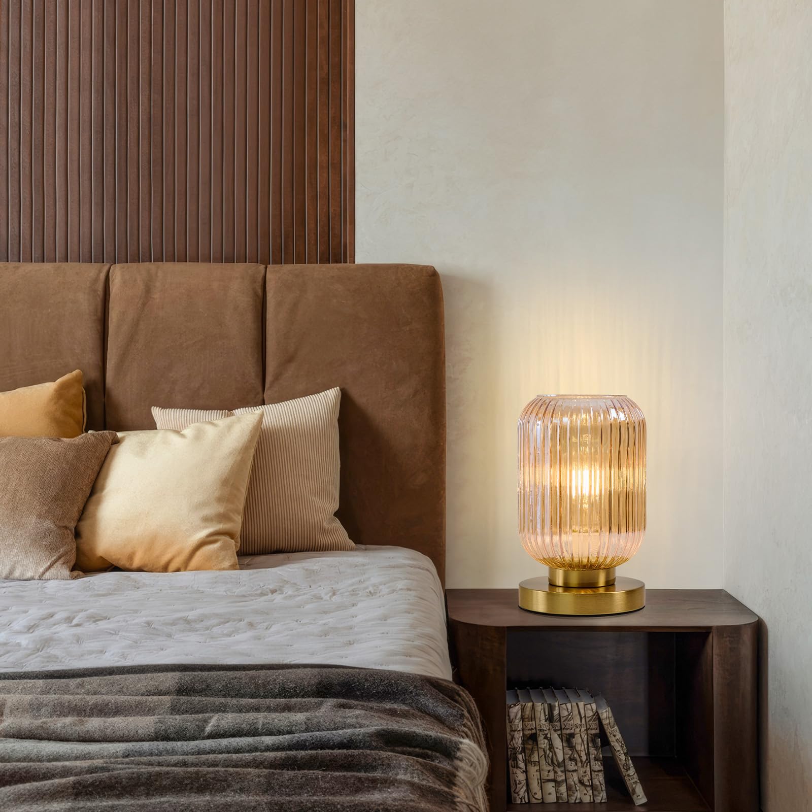 HONIEGG cozy bedroom scene featuring retro-inspired lamp on nightstand