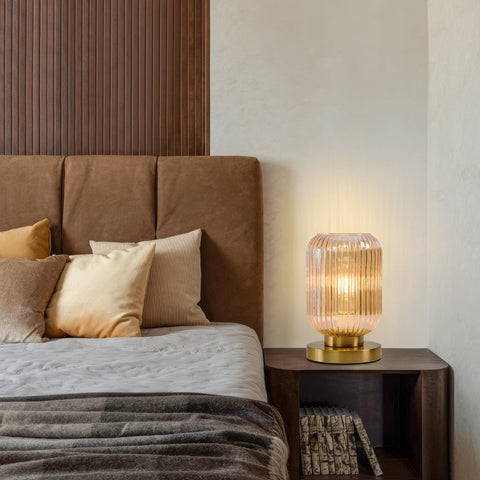 HONIEGG cozy bedroom scene featuring retro-inspired lamp on nightstand