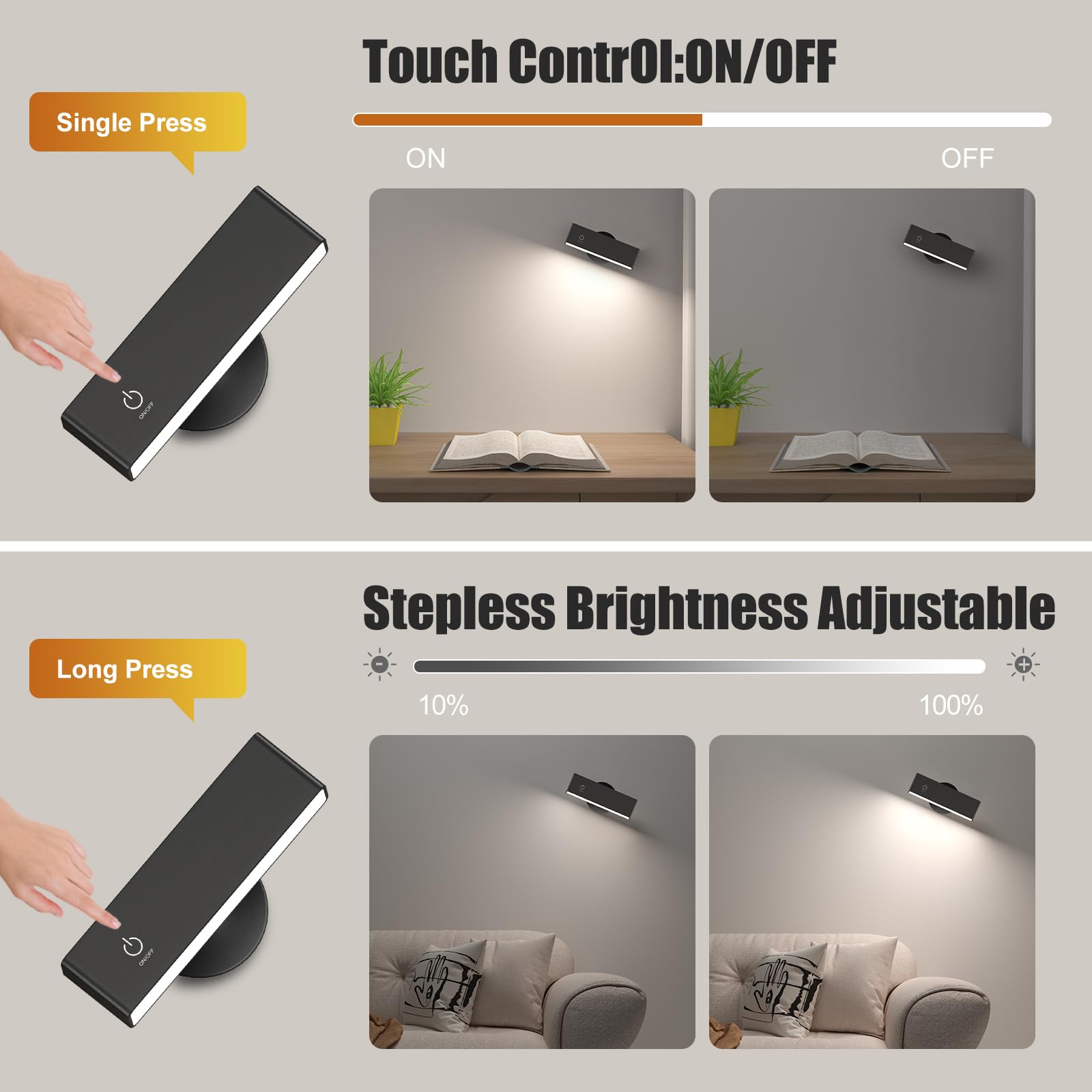 Honalia rechargeable wall light charging via USB-C for cord-free power