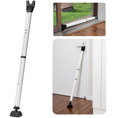 HonesaLoc door security bar in angled-use mode secures hinged doors with adjustable length.