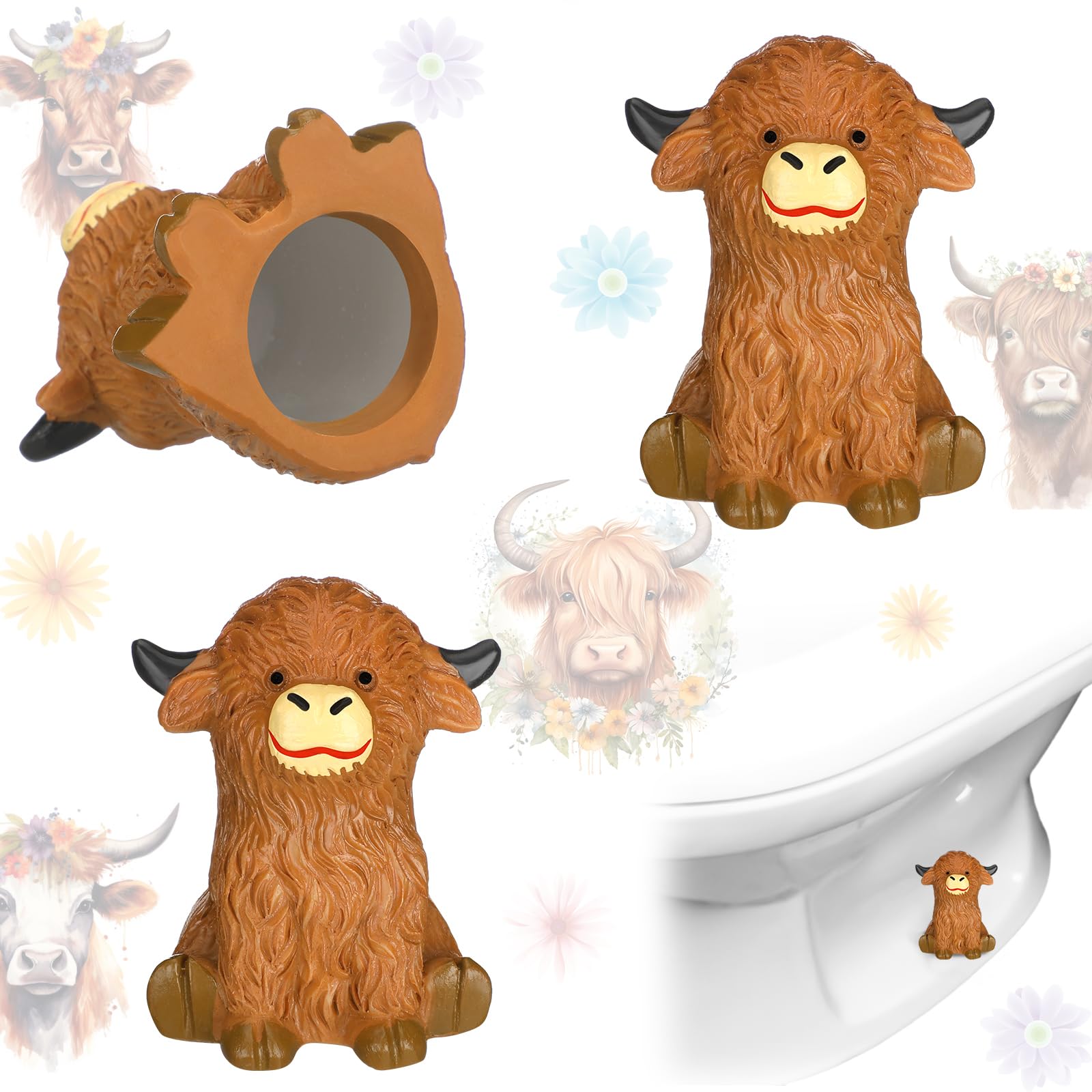 Honeydak Highland cow toilet bolt cap front view, decorative ceramic bathroom decor.