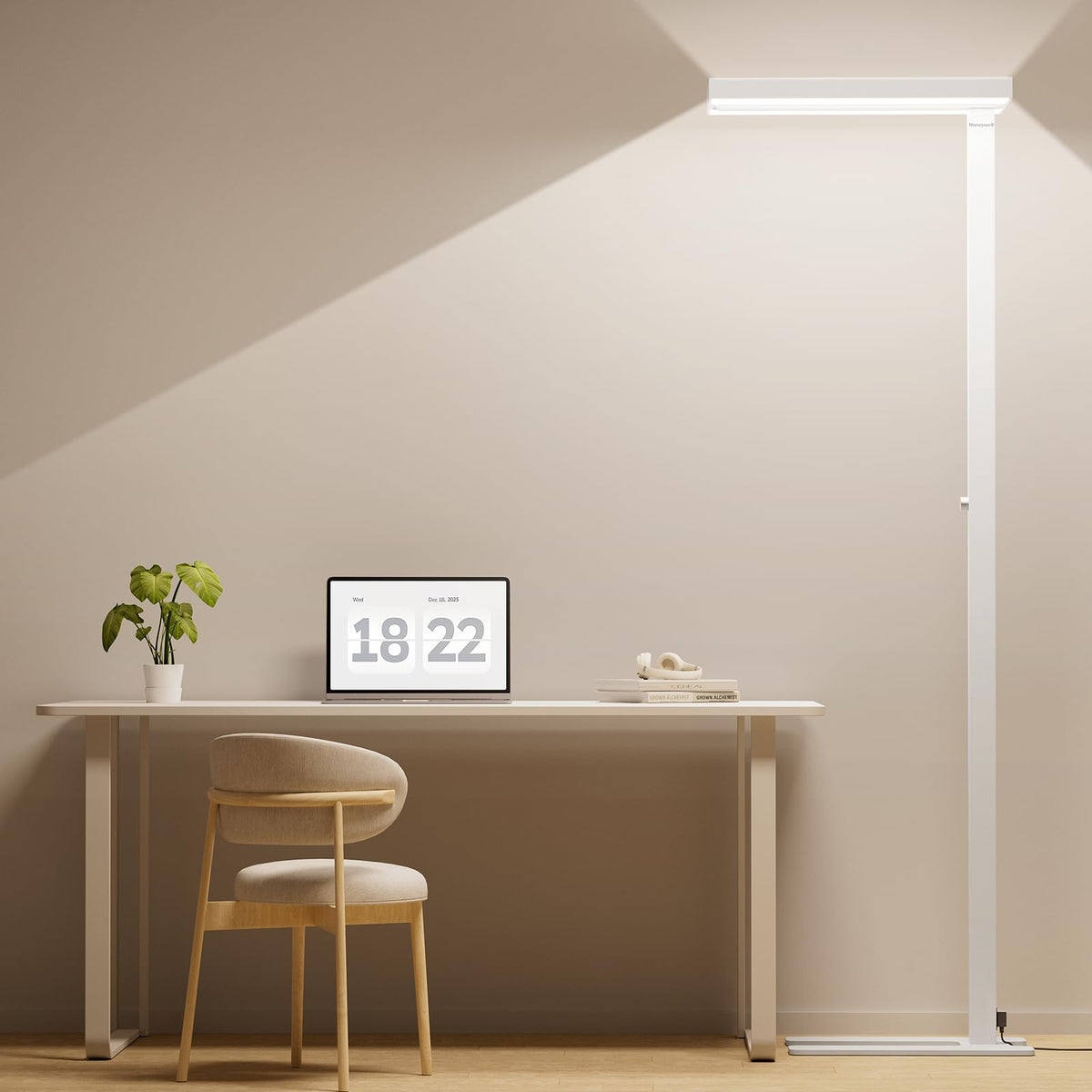 Honeywell 6000LM LED floor lamp with a wide panel provides even coverage for living spaces.