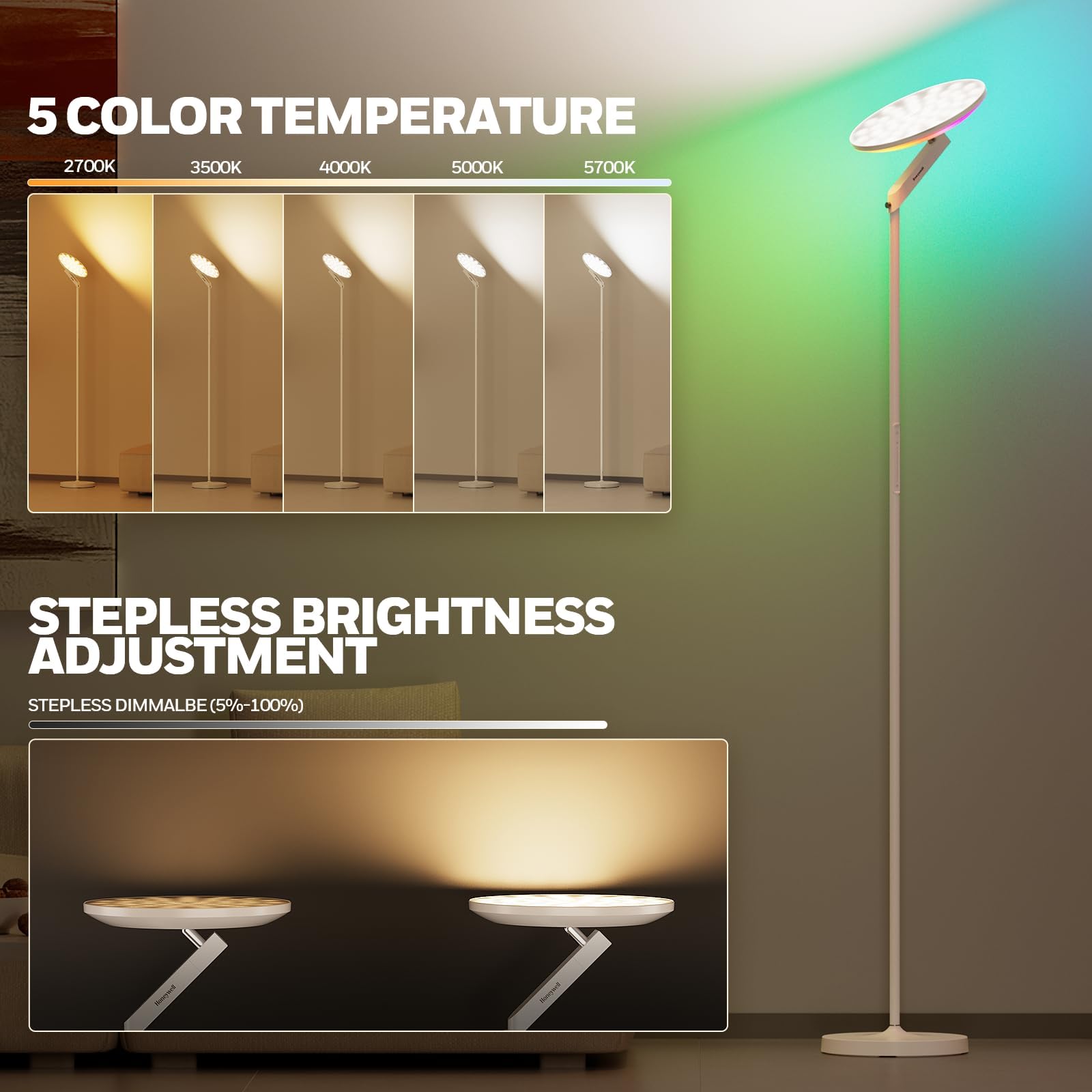 Honeywell lamp remote and dimming provide easy brightness control.