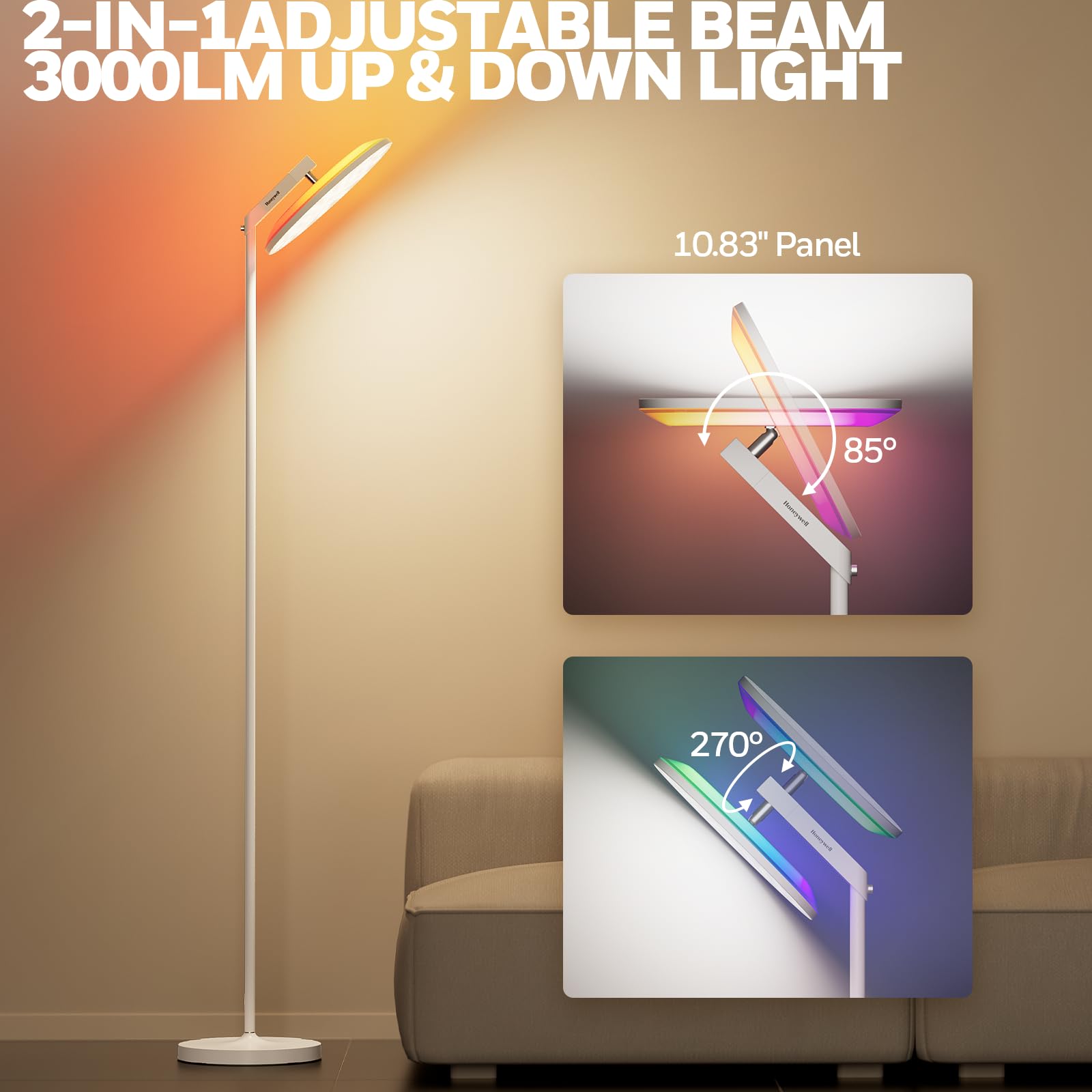 Honeywell torchiere head tilt enables versatile ambient lighting.