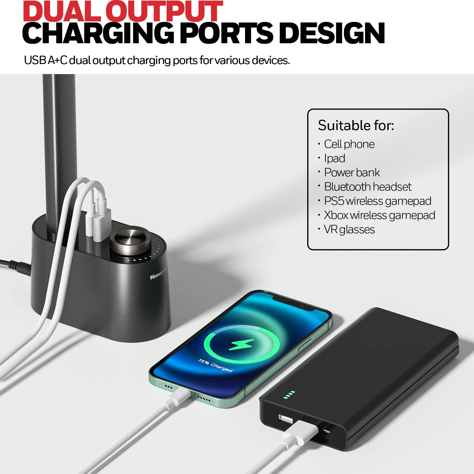 Honeywell H01 Pro Sunturalux built-in USB-C port for fast device charging.