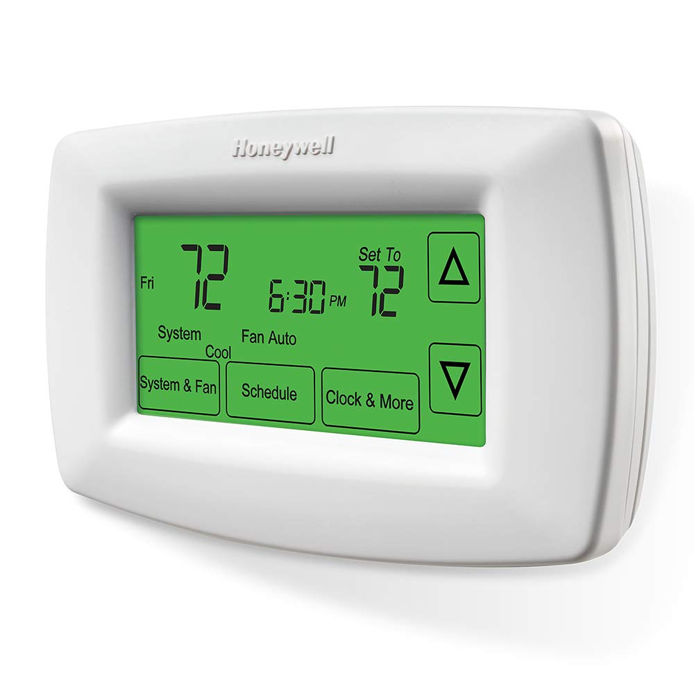 Honeywell Home RTH7600D touchscreen thermostat front view enables easy control.