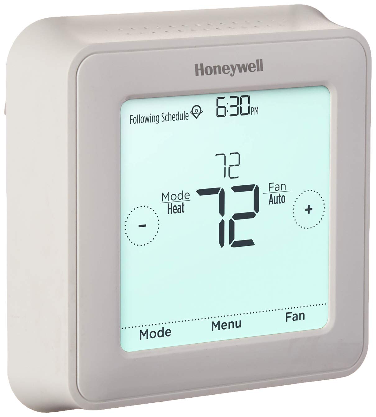 Honeywell RTH8560D touchscreen front view showing clear blue backlit display for easy reading