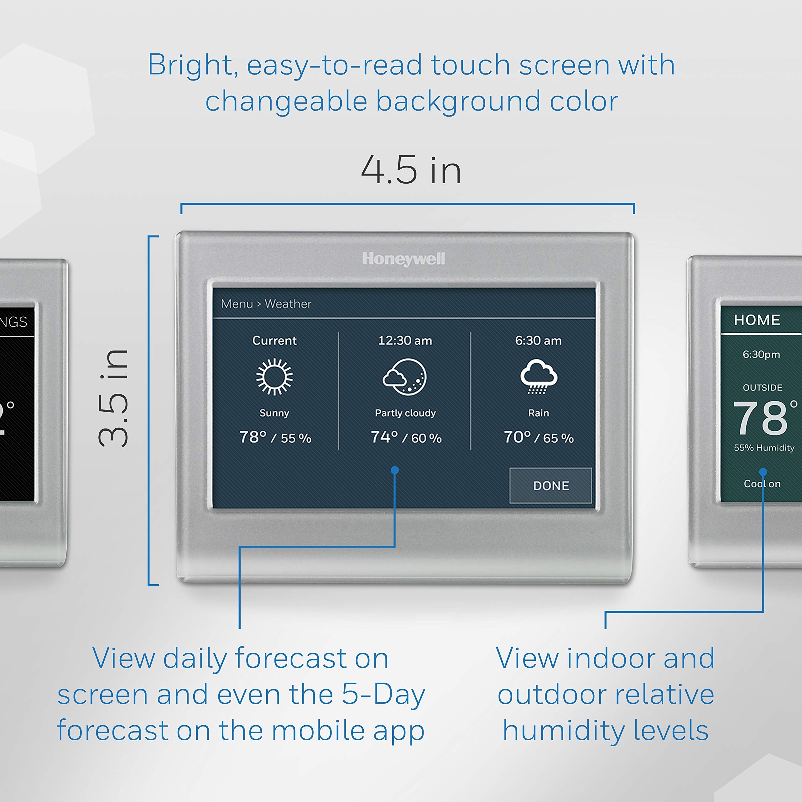 Honeywell Home RTH9585WF1004 energy-saving features help monitor usage and support possible rebates.