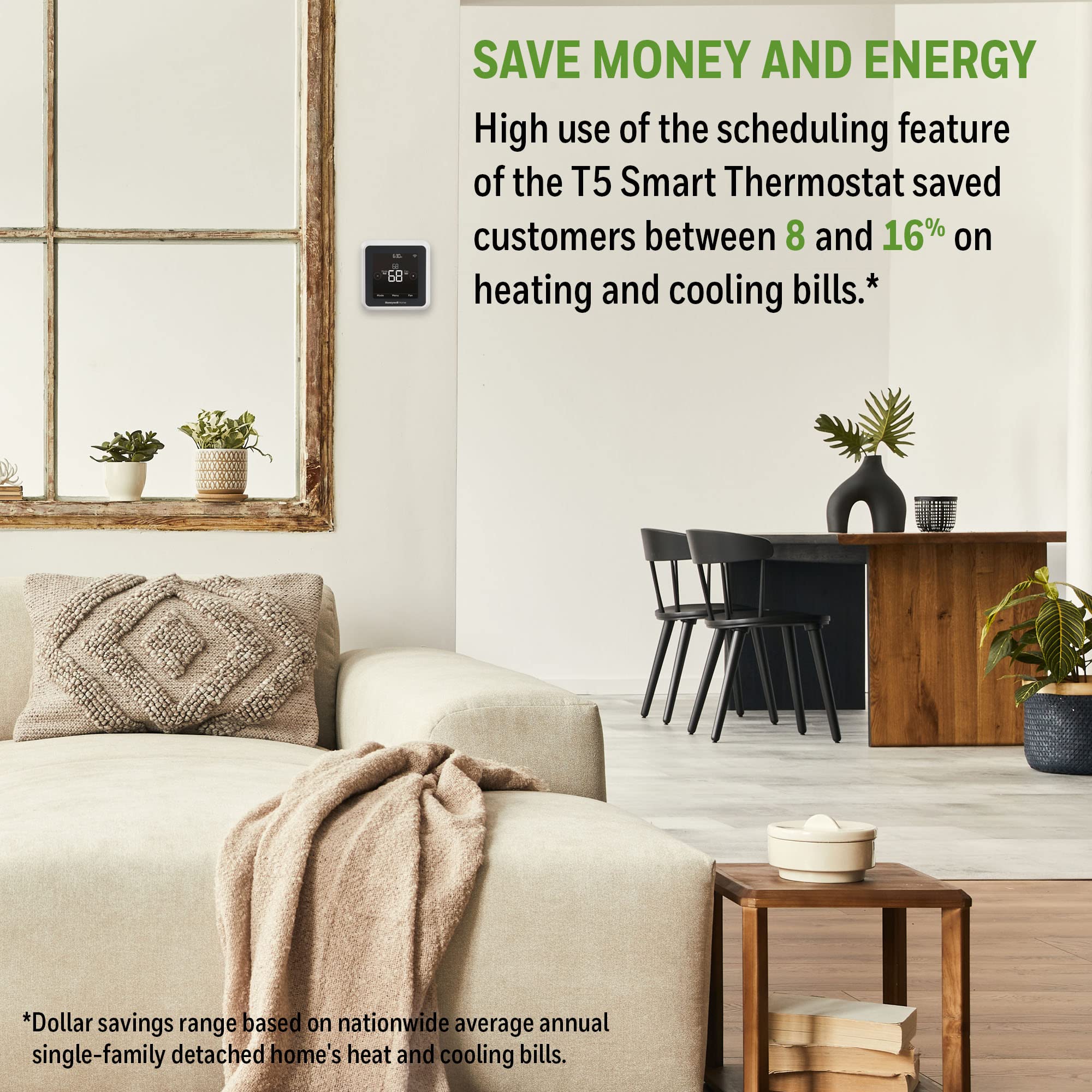 Honeywell Home T5 with geofencing automatically adjusts temperature when you arrive home.
