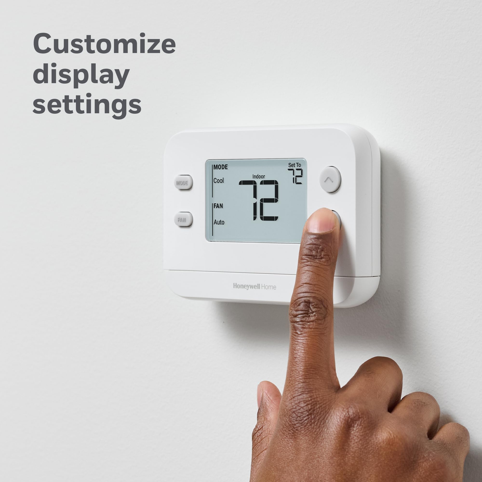 Honeywell Home X1N backlit display and 32°F low-heat setpoint.