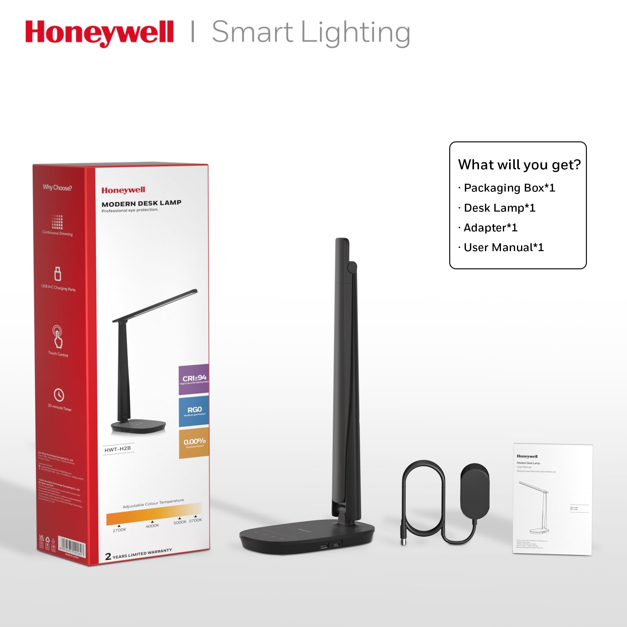 Honeywell HWT-H2 on-desk workspace with organized lighting setup.
