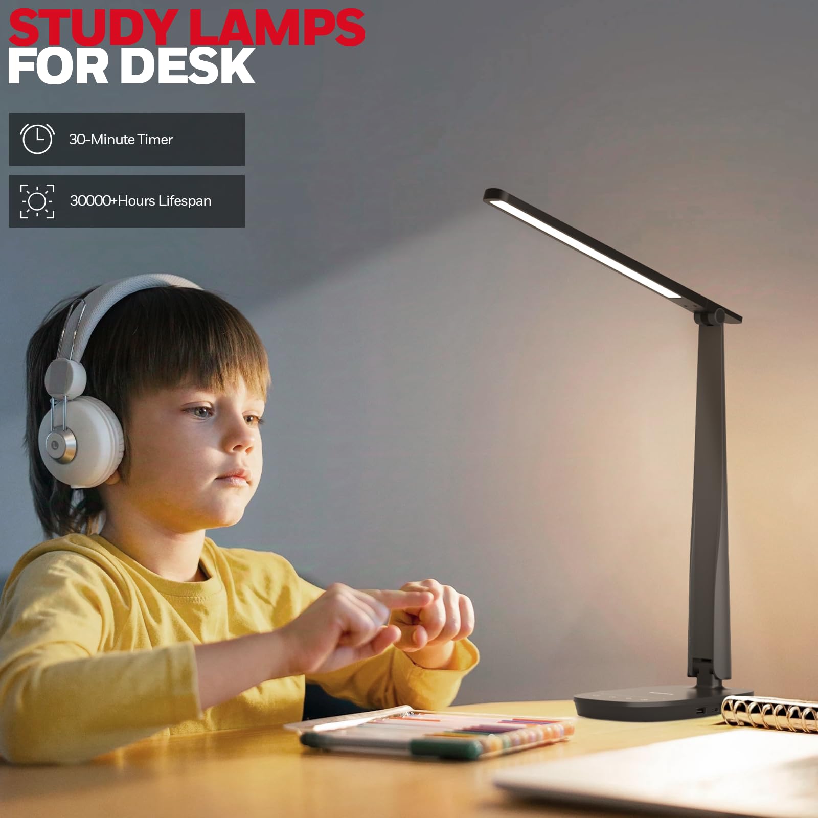 Foldable base on Honeywell lamp saves desk space