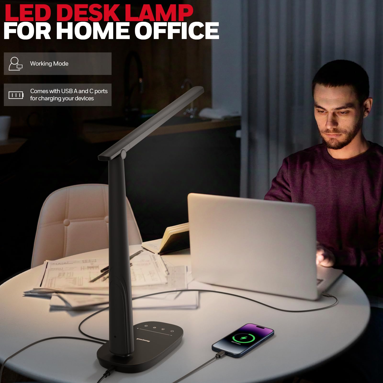 Energy-efficient Honeywell desk lamp with USB charging ports