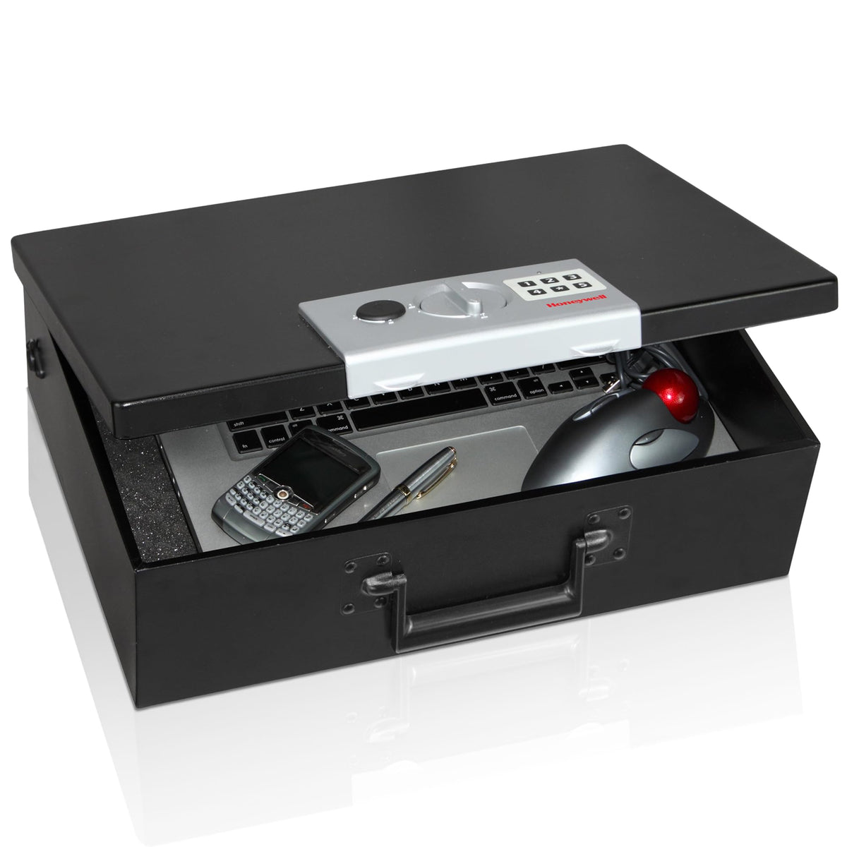 Honeywell safe with carry handle and double steel walls for secure transport.
