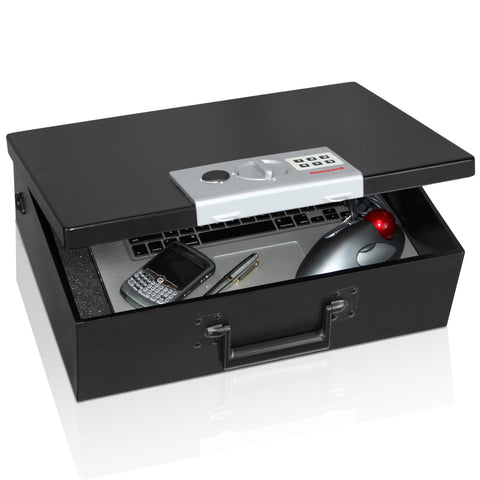 Honeywell safe with carry handle and double steel walls for secure transport.