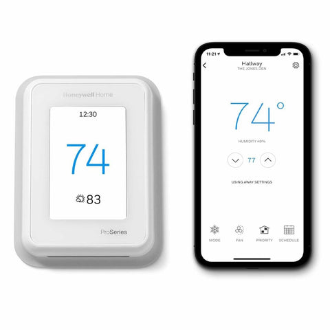 Honeywell T10+ Pro mobile app setup highlights geofence and scheduling capabilities.