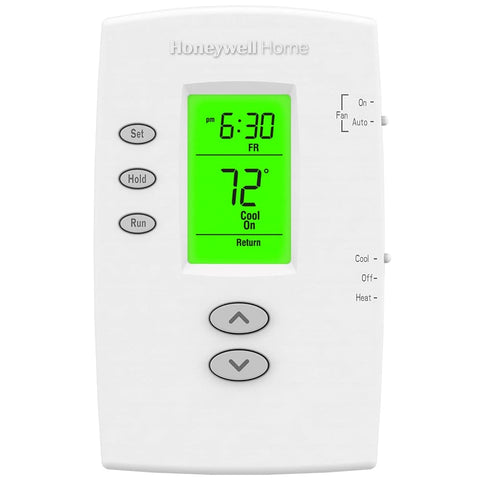 Honeywell TH2110DV1008 PRO 2000 thermostat front view with clear controls