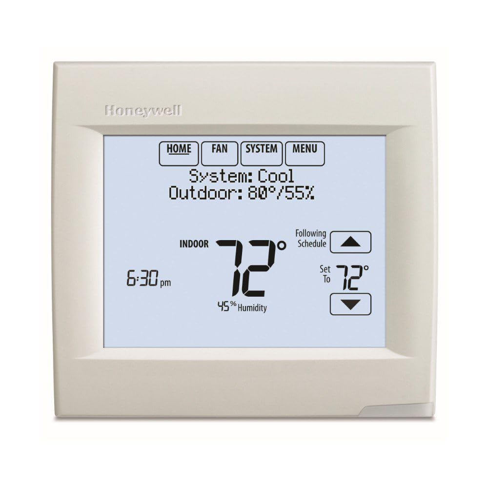 Honeywell TH8110R1008 Vision Pro 8000 touch screen shows simple weekly programming.