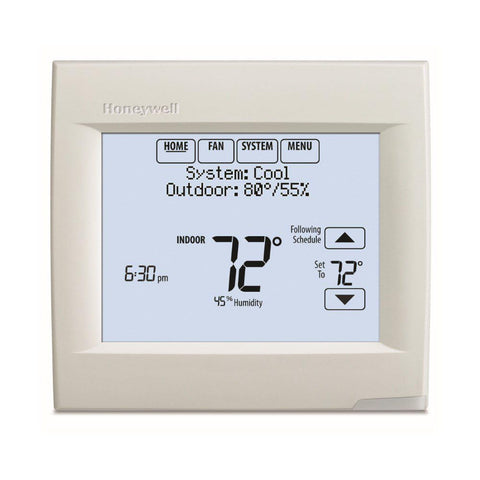 Honeywell TH8110R1008 Vision Pro 8000 touch screen shows simple weekly programming.