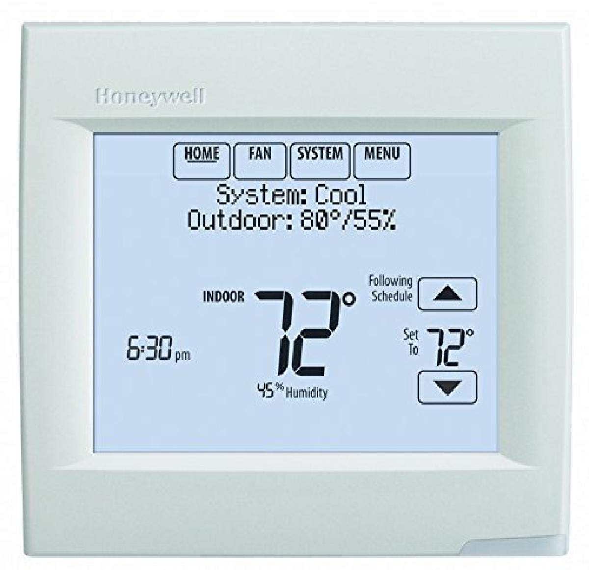 Honeywell TH8321WF1001 touchscreen thermostat front panel enables easy remote climate control