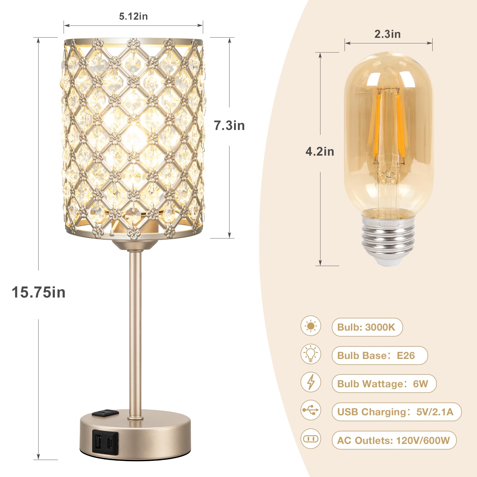 Hong-in Champagne Gold Lamp 3-way dimmable for adjustable lighting