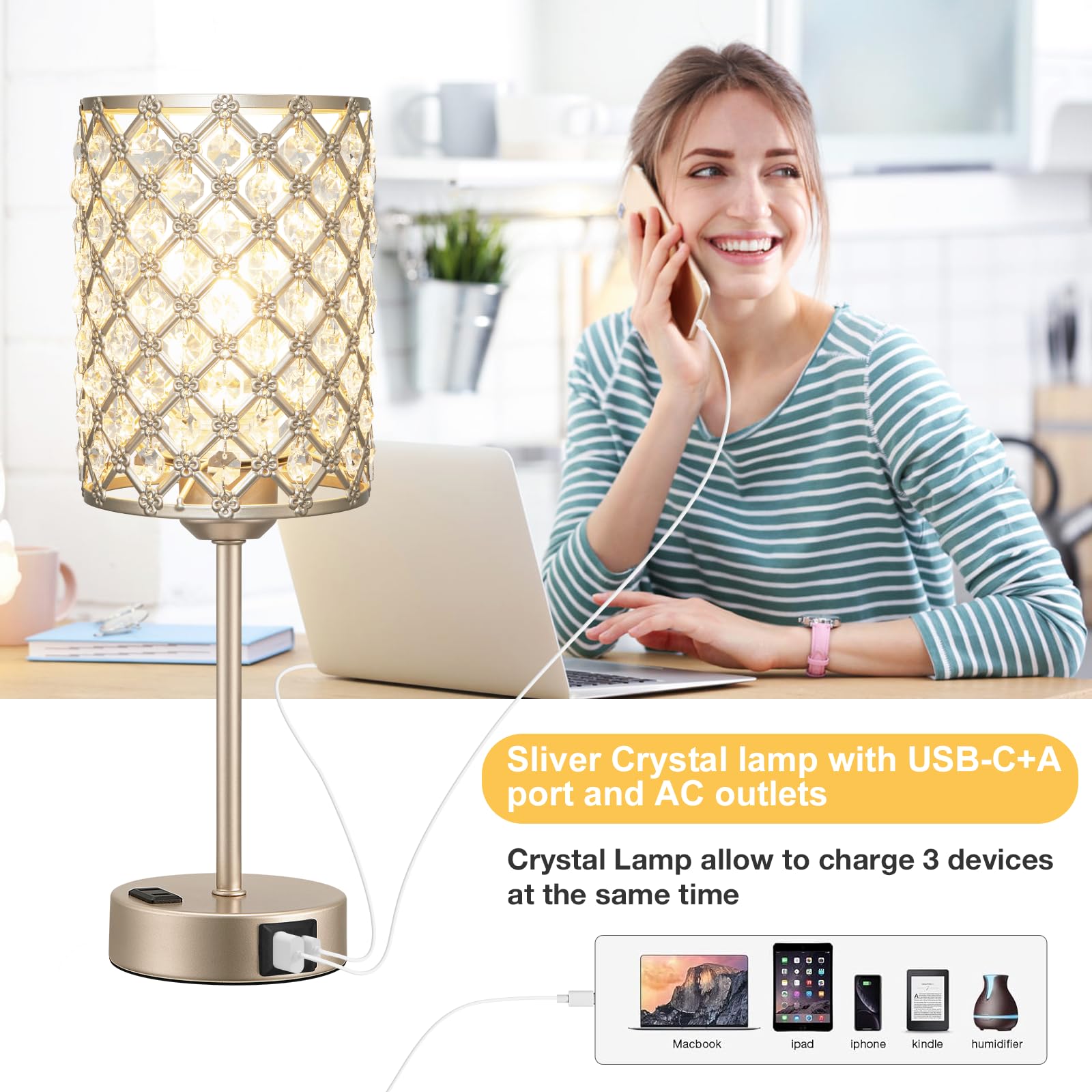 Hong-in Champagne Gold Lamp AC outlet keeps multiple devices powered