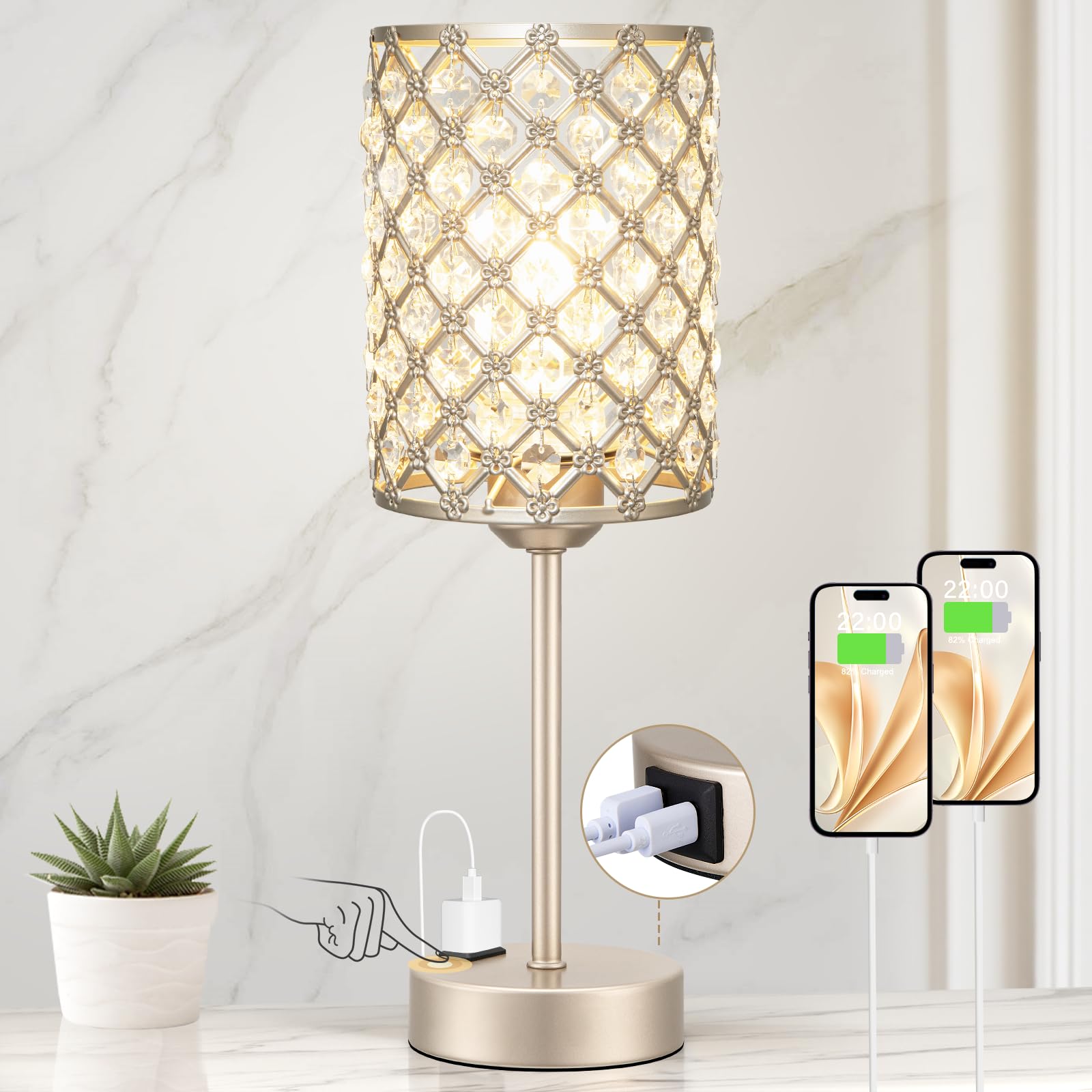 Hong-in Champagne Gold Lamp with nightstand crystal-base for ambient lighting