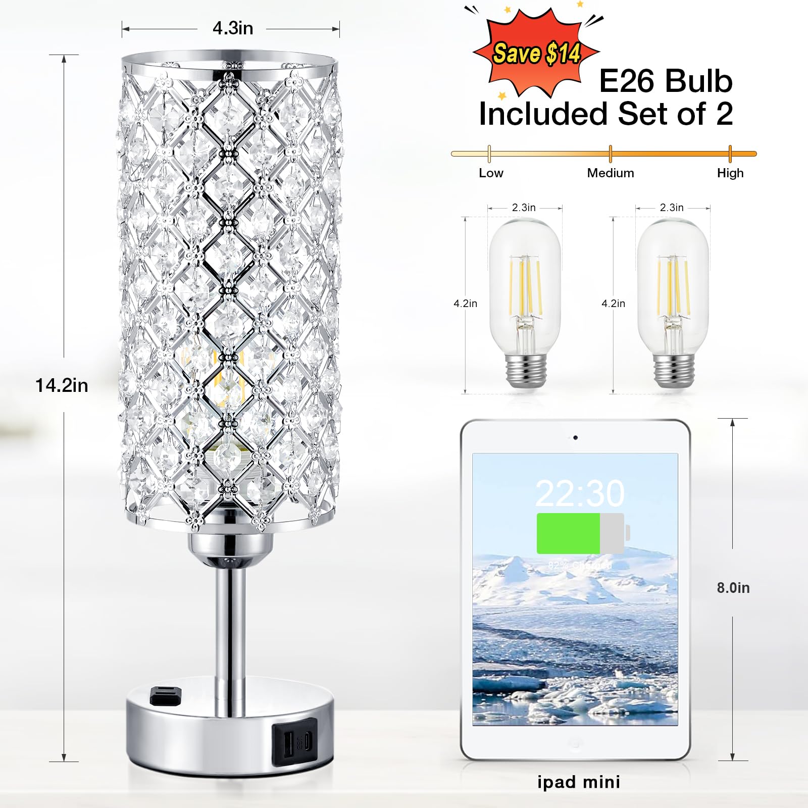 Two included E26 LED bulbs for flicker-free warm illumination