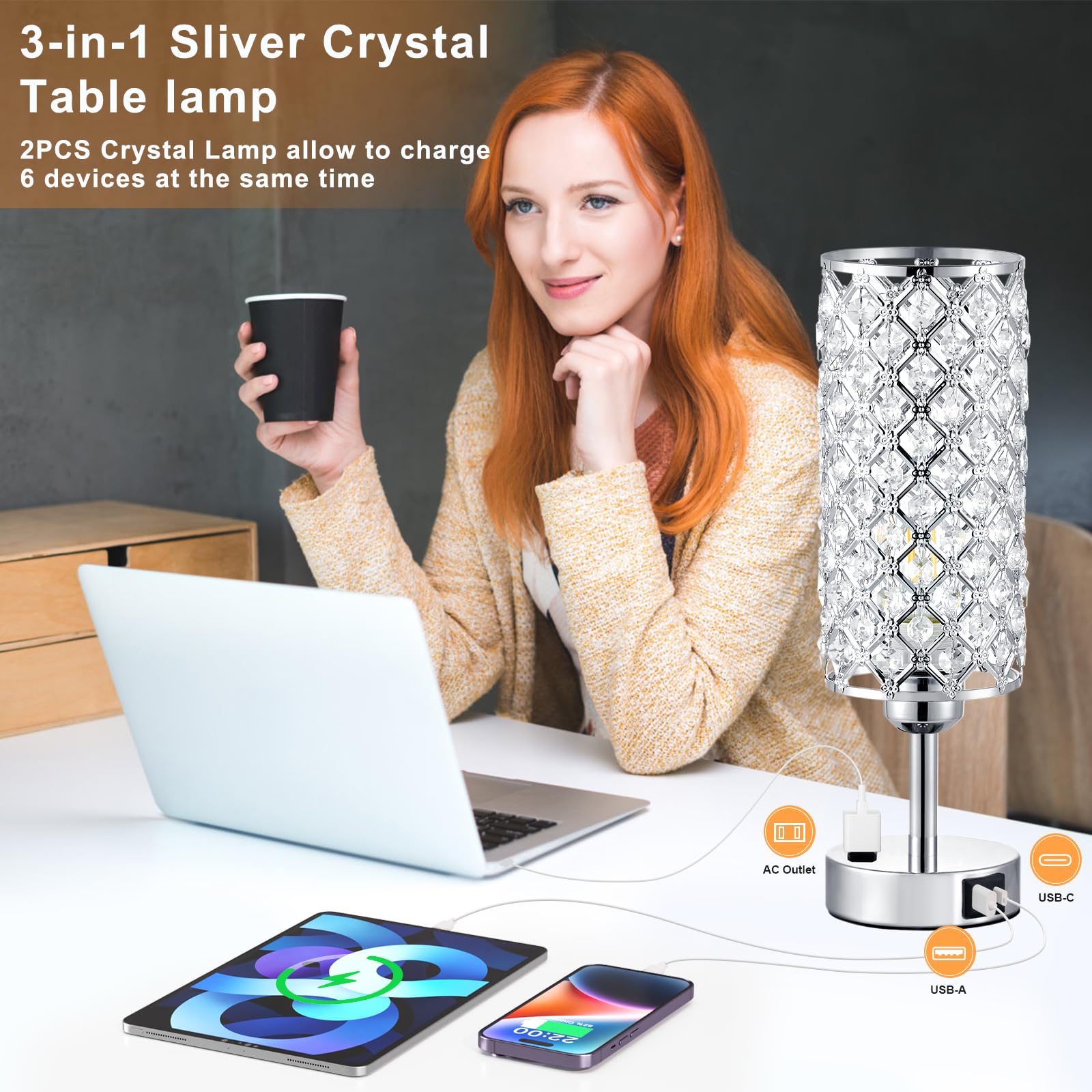 Hong-in crystal lamp with USB-C, USB-A ports and AC outlet for device charging
