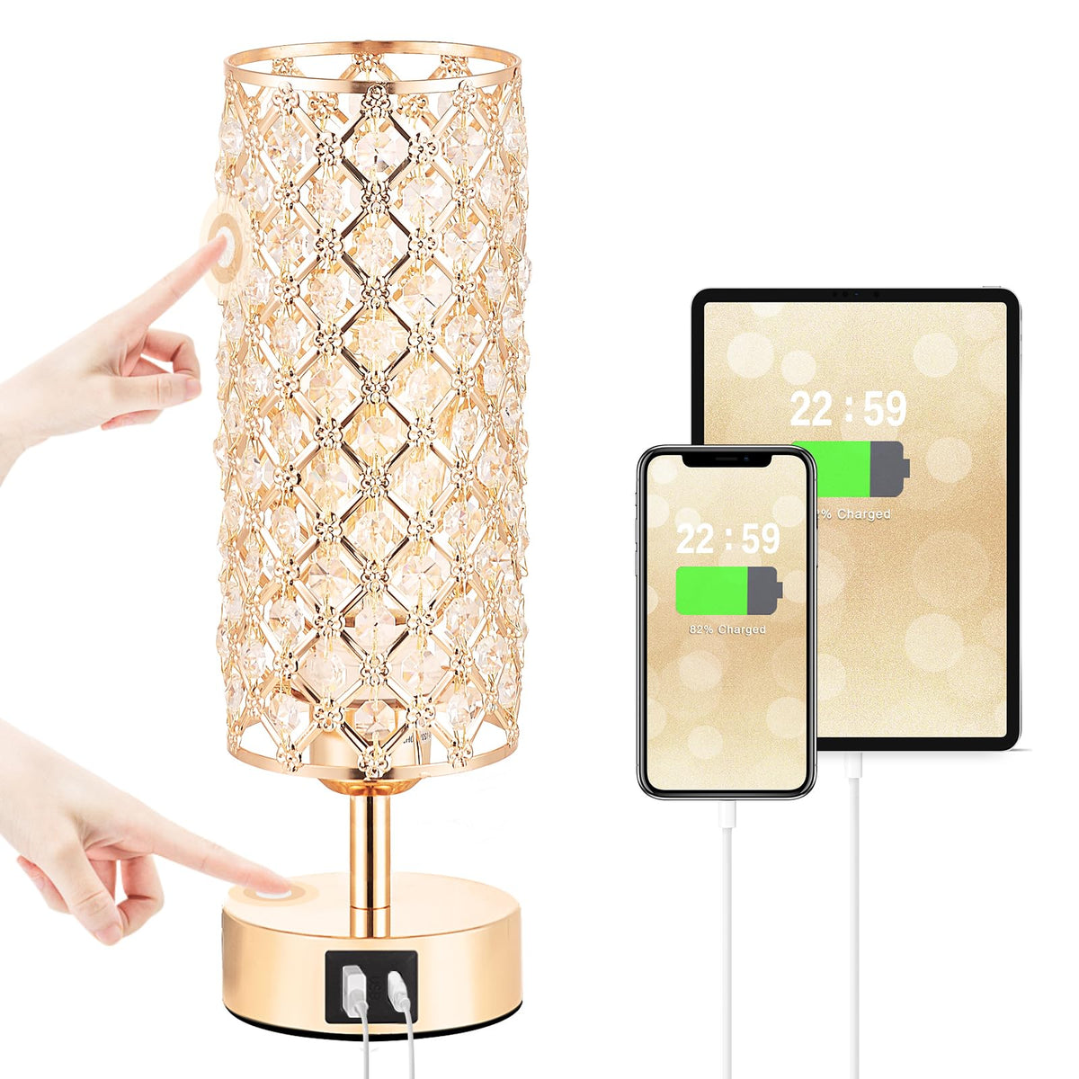 Hong-in crystal table lamp with gold base and USB port for easy charging.