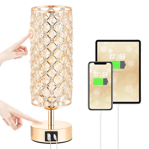Hong-in crystal table lamp with gold base and USB port for easy charging.
