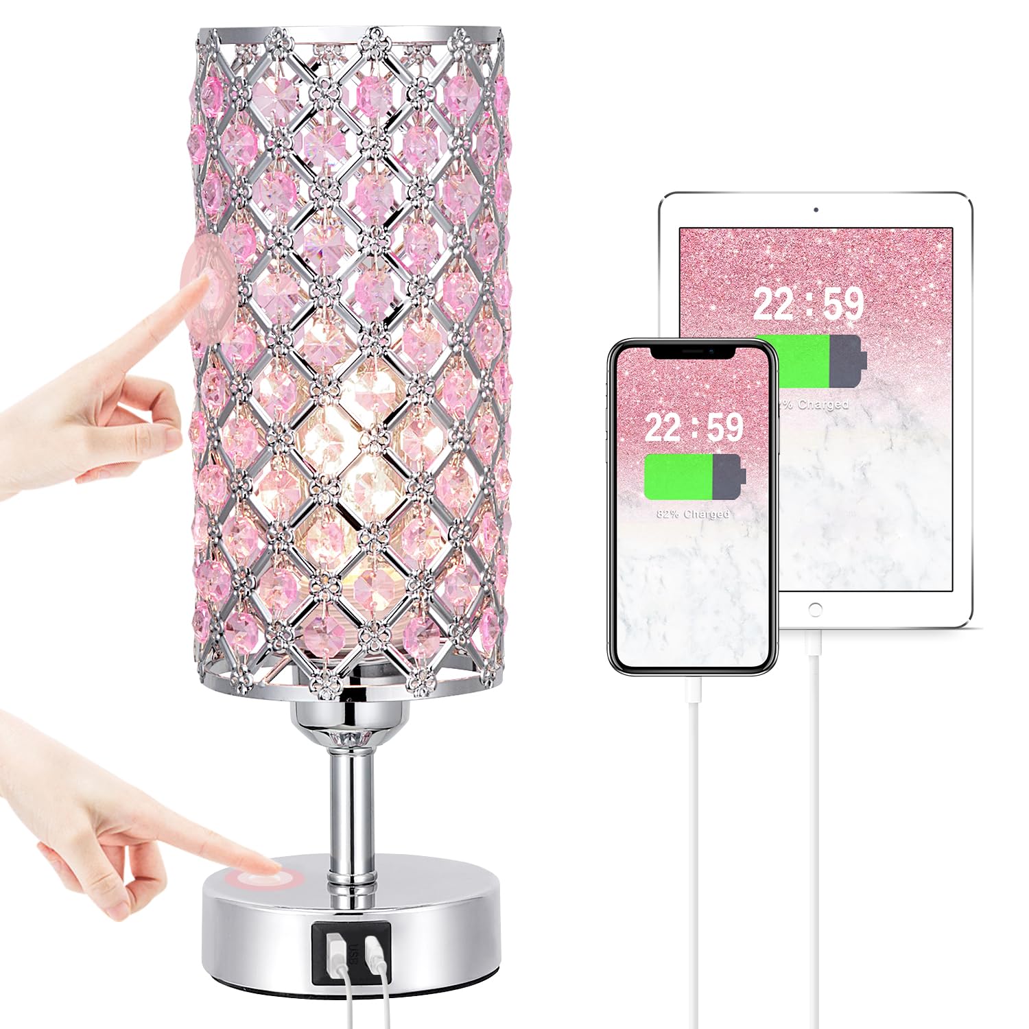 Hong-in crystal table lamp pink shade for cozy ambiance.