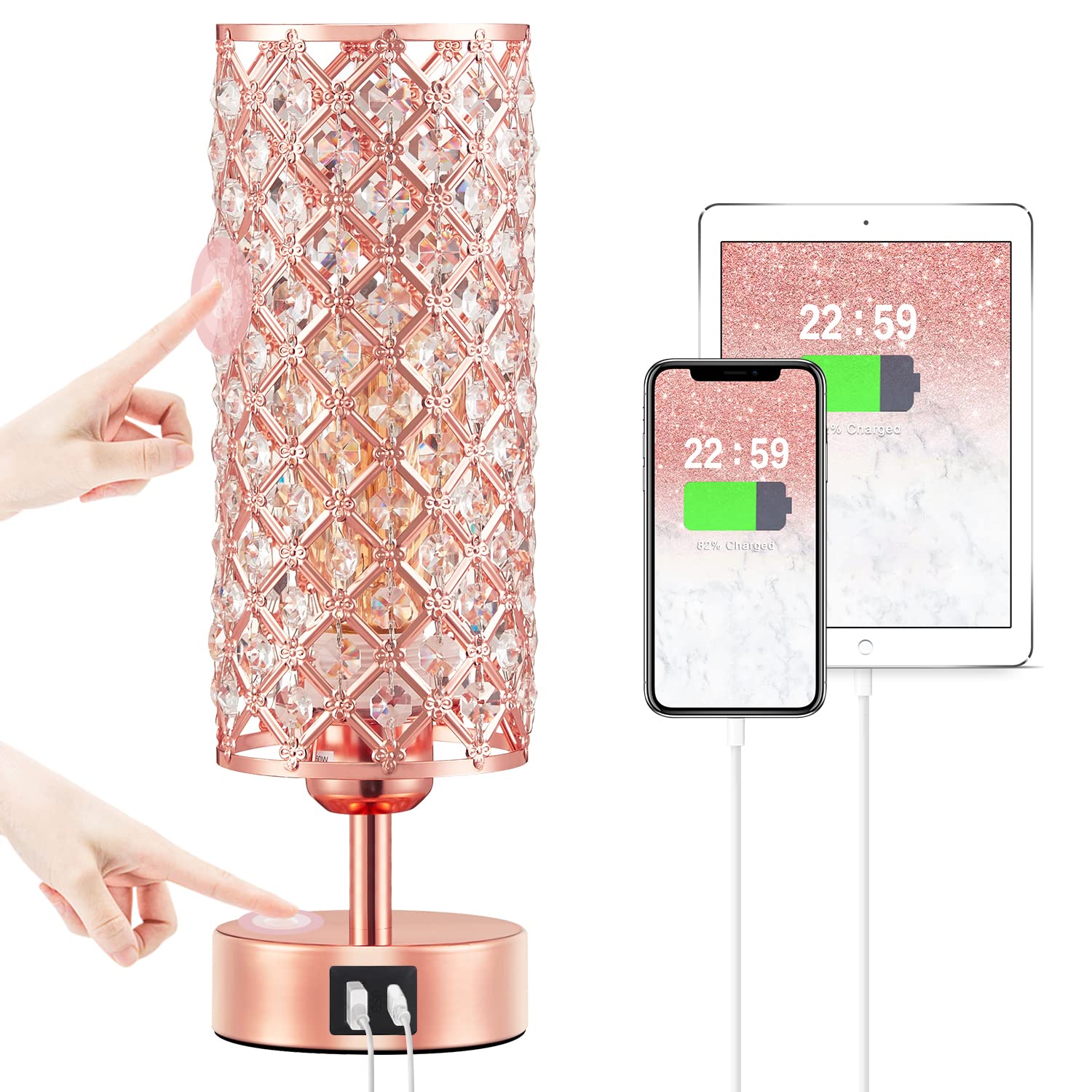 Hong-in crystal table lamp in rose gold with crystal accents for elegant room decor.