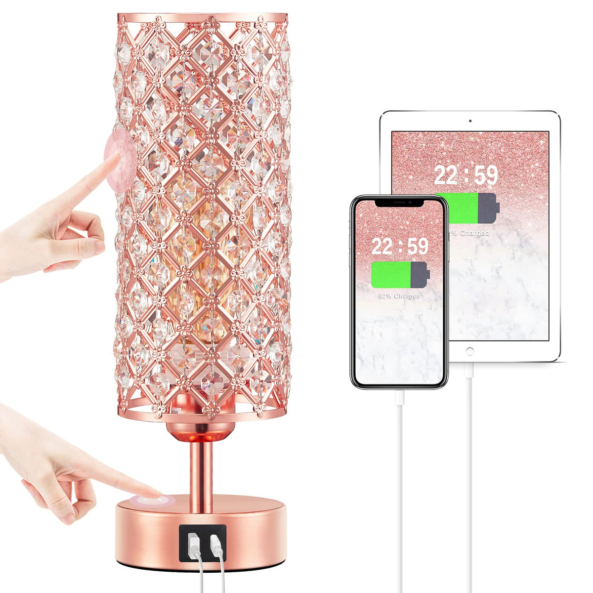 Hong-in crystal table lamp in rose gold with crystal accents for elegant room decor.
