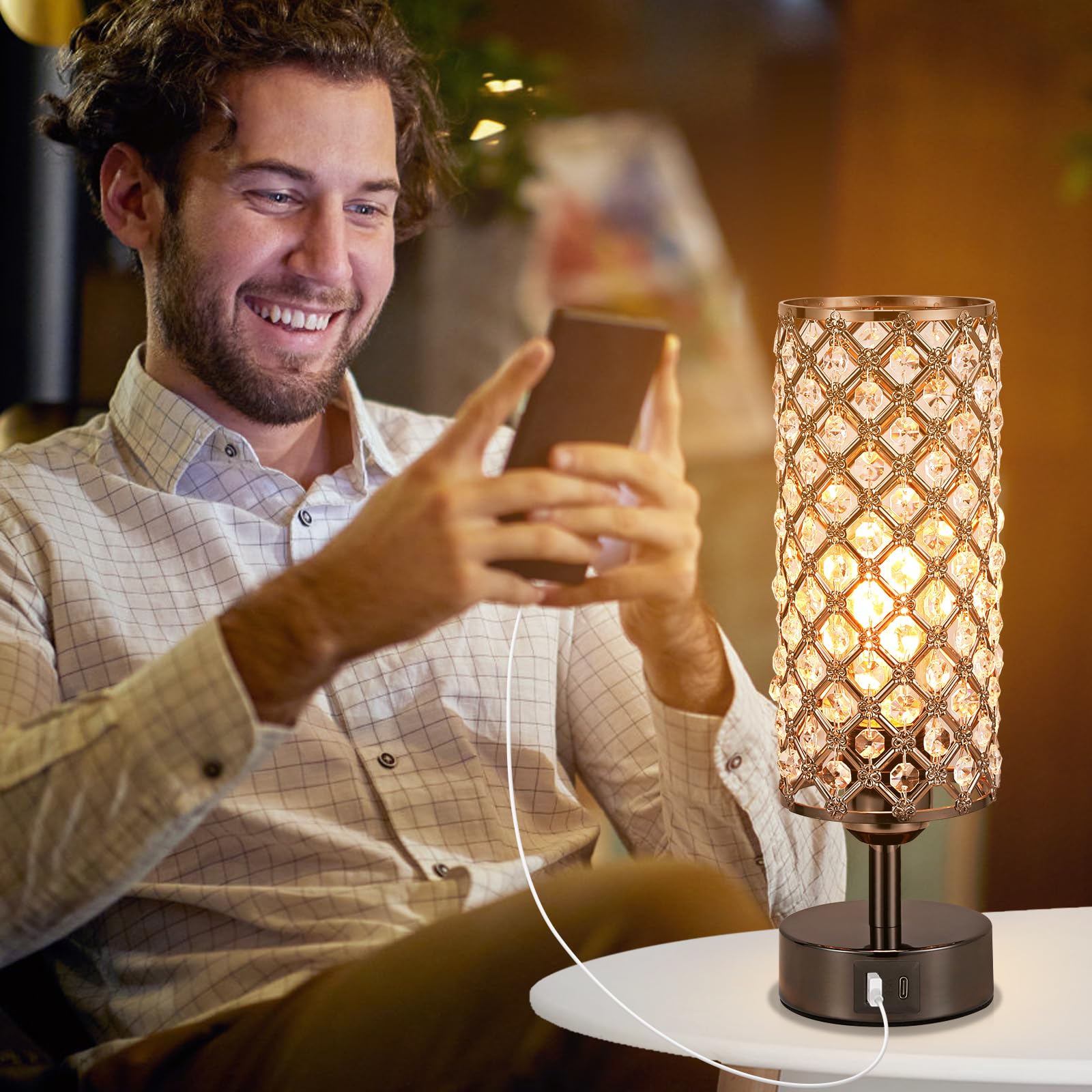 Hong-in Crystal Table Lamp crystal shade adds luxe ambiance to any room.