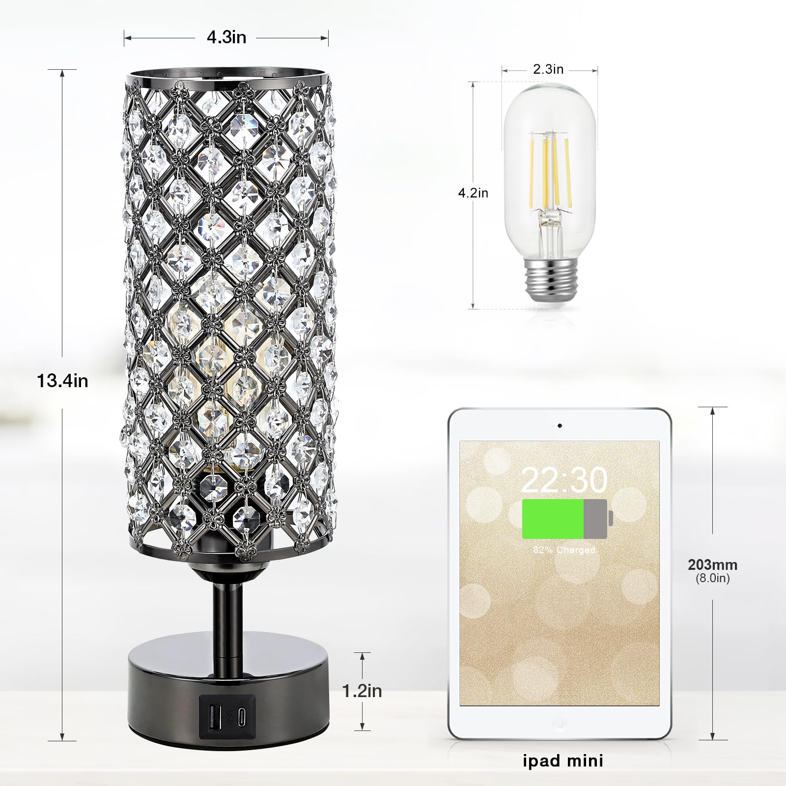 Hong-in Crystal Table Lamp USB ports keep devices charged.