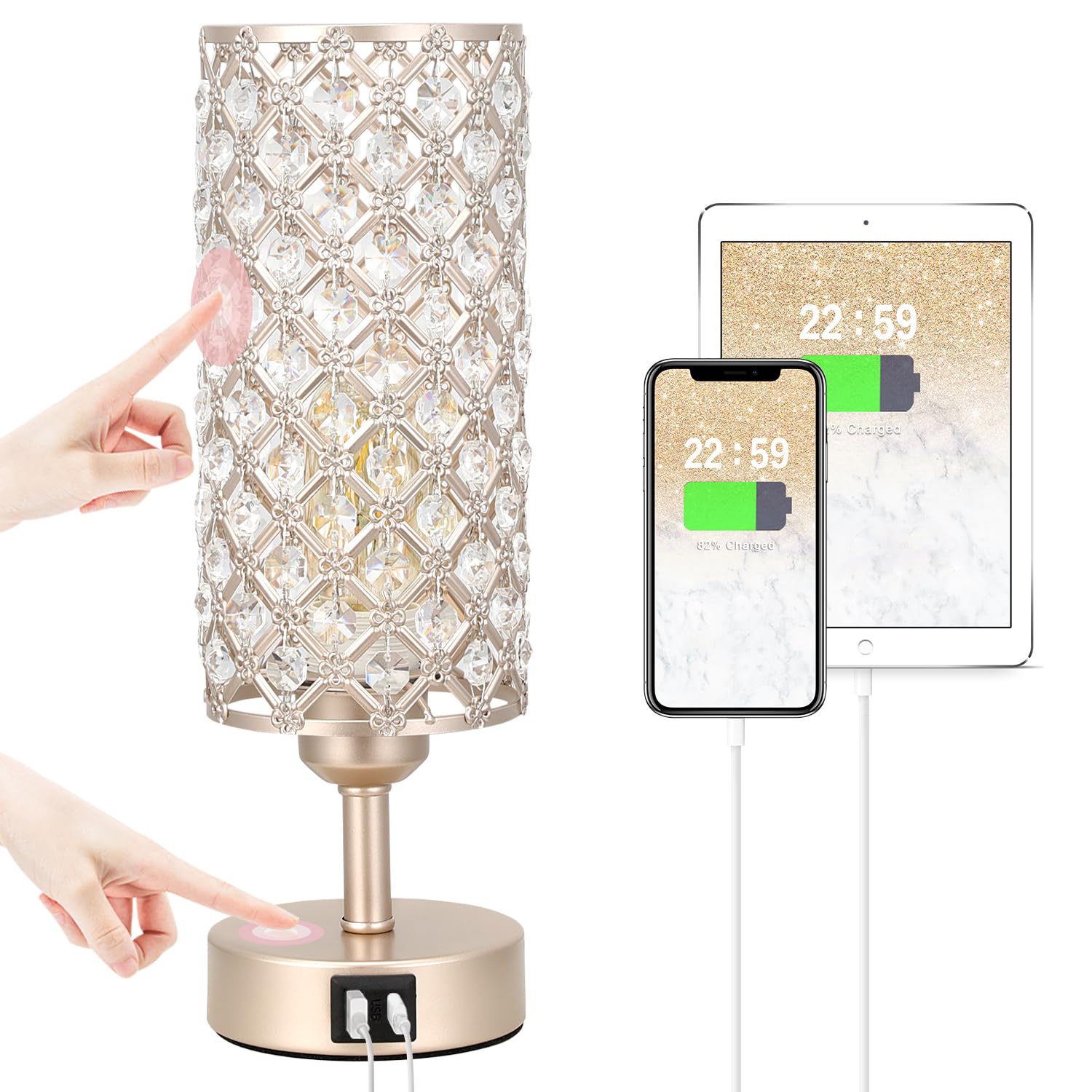 Hong-in crystal table lamp with USB ports powers devices at bedside.
