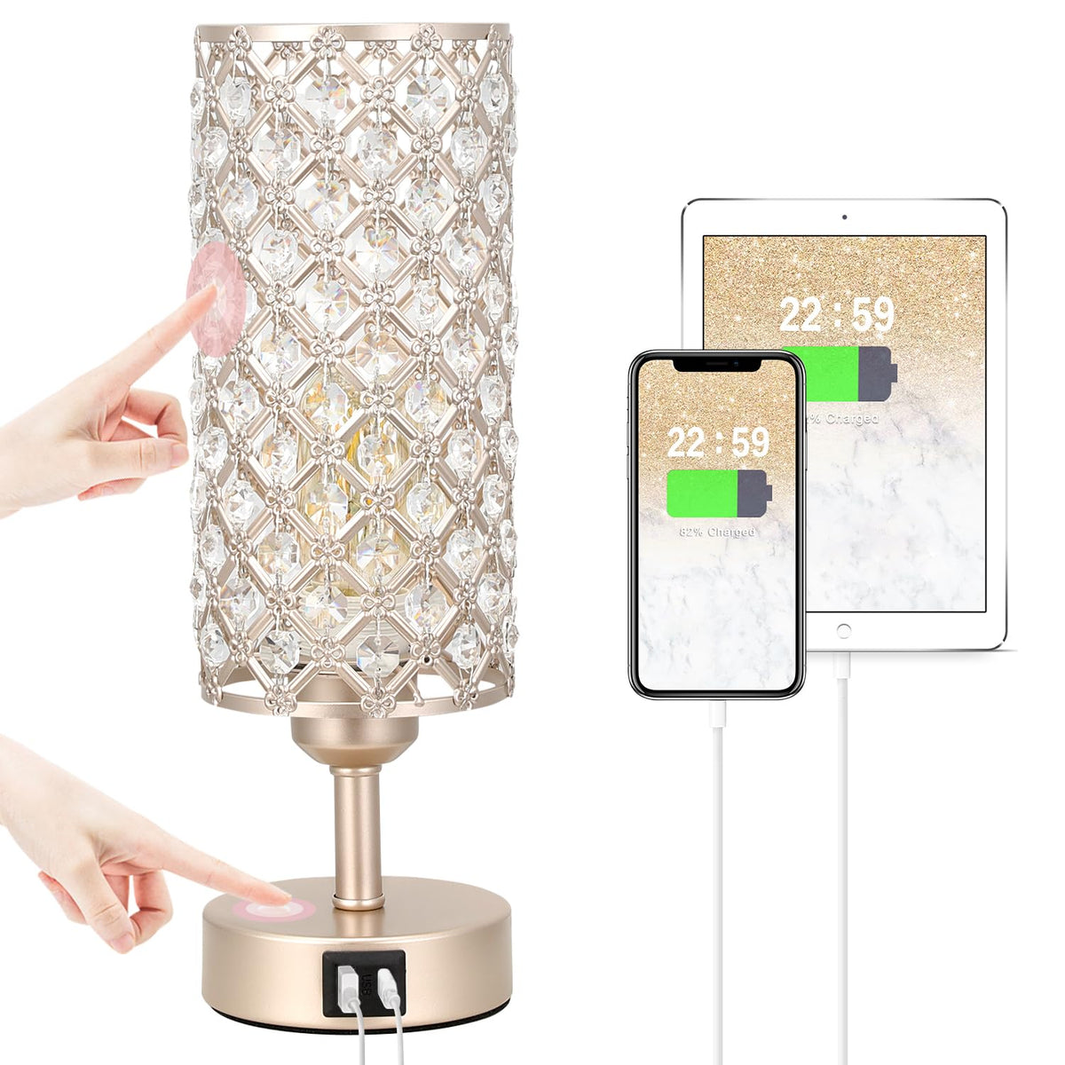Hong-in crystal table lamp with USB ports powers devices at bedside.