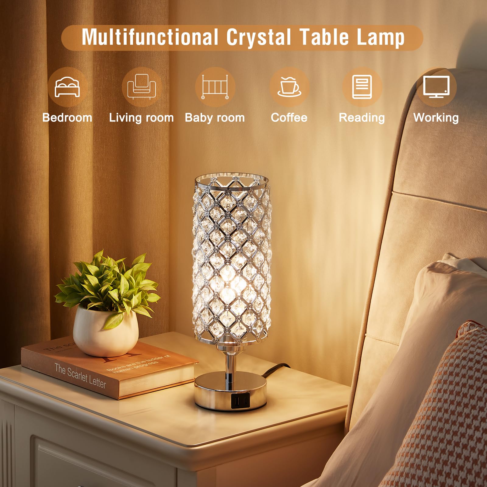 Hong-in Crystal Touch Lamp on a bedside table enhances cozy ambiance