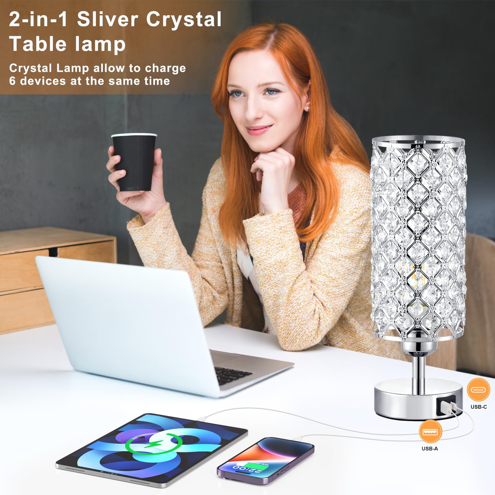 Hong-in Crystal Touch Lamp USB ports provide convenient charging during relaxation