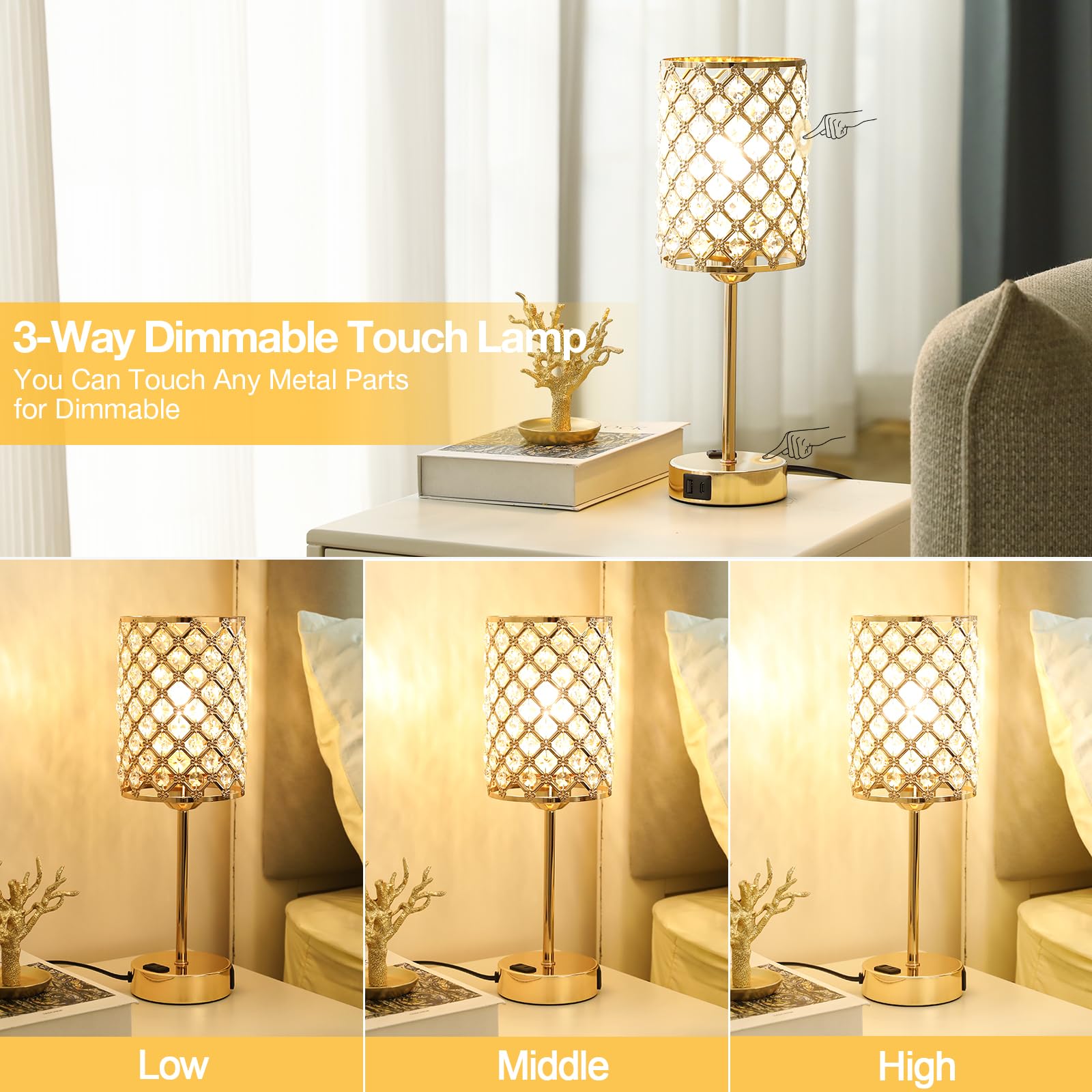 Hong-in Gold Lamps 3 way touch control for easy brightness and mood lighting.