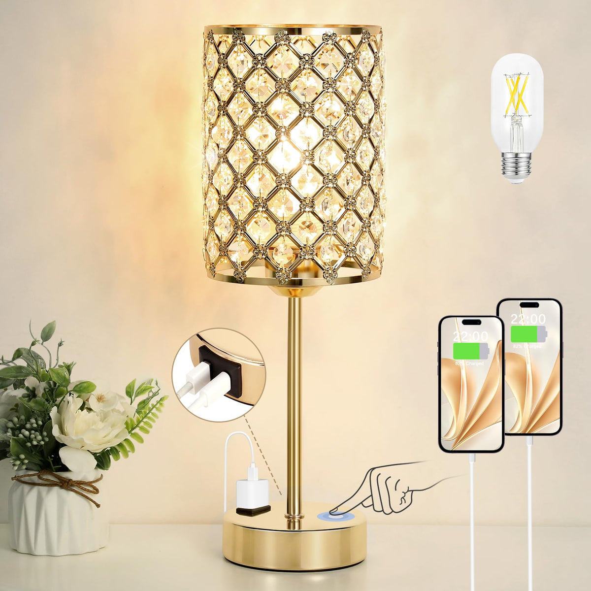 Hong-in Gold Lamps nightstand crystal table lamp with USB-C and AC ports for bedside charging.
