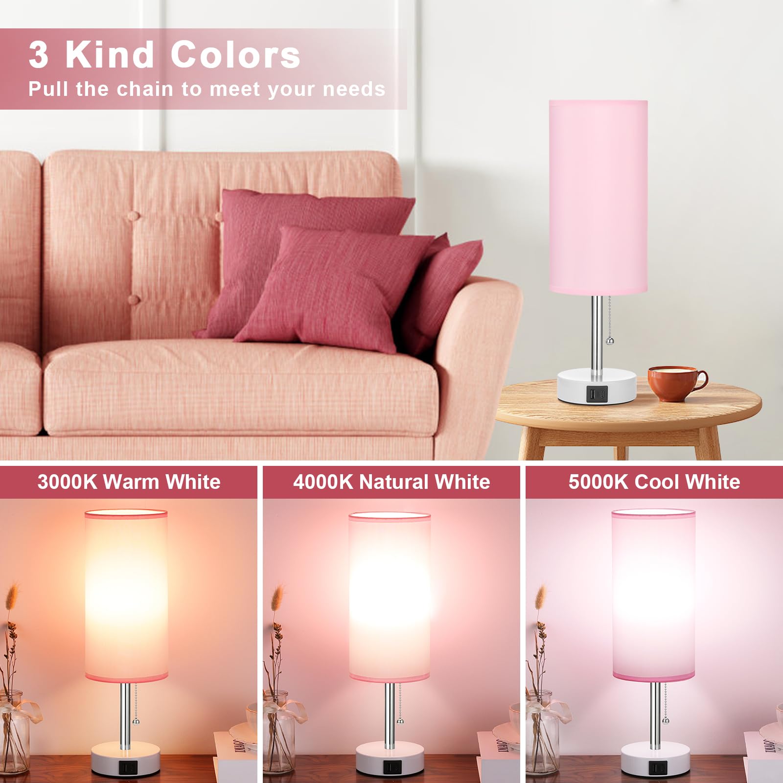 Hong-in Pink Bedside Lamp showing USB-C and USB-A ports for device charging