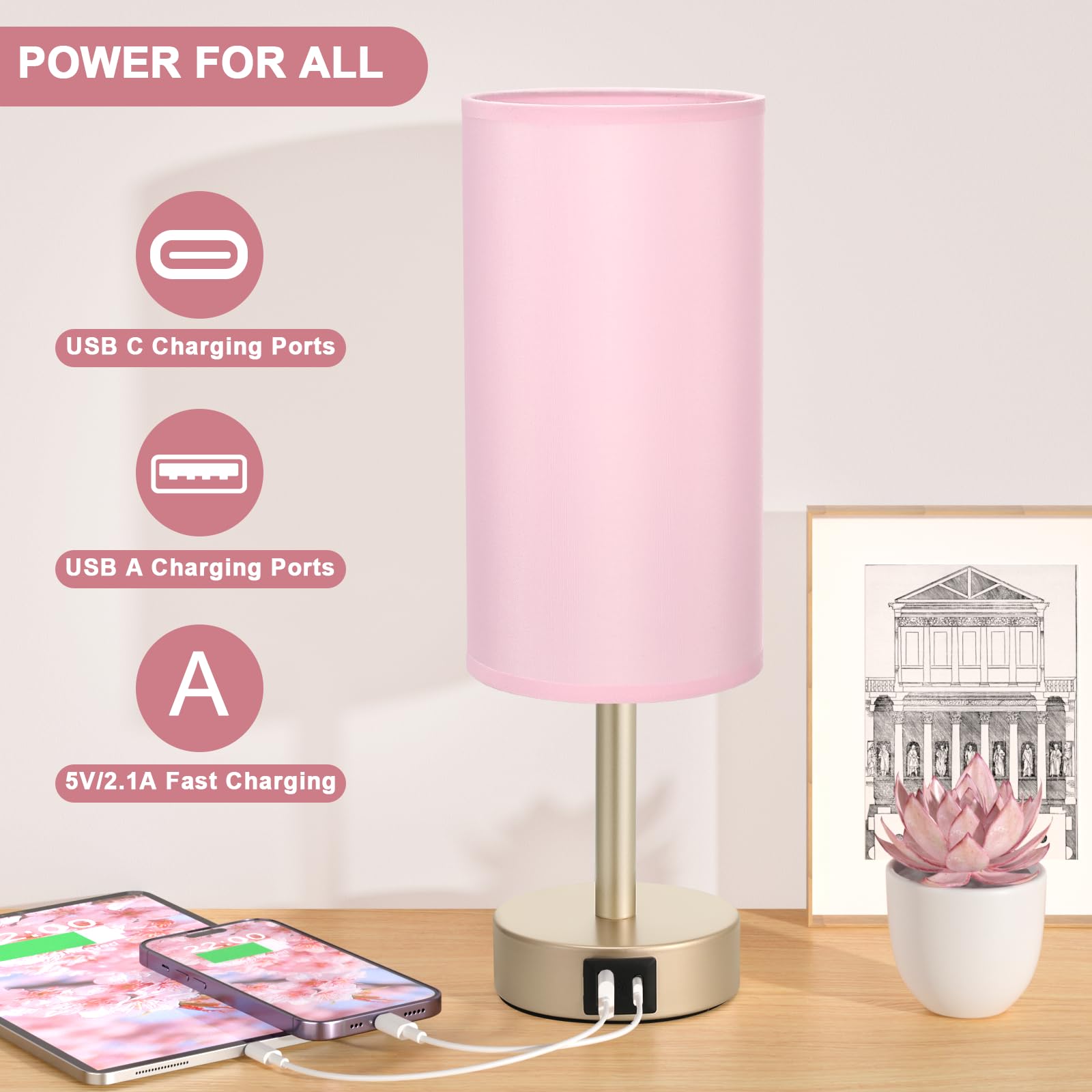 Hong-in pink gold table lamp USB ports – power devices without clutter