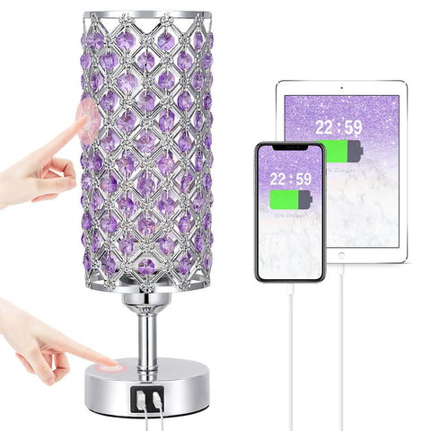 Hong-in Purple Lamp with crystal shade enhances a chic nightstand.