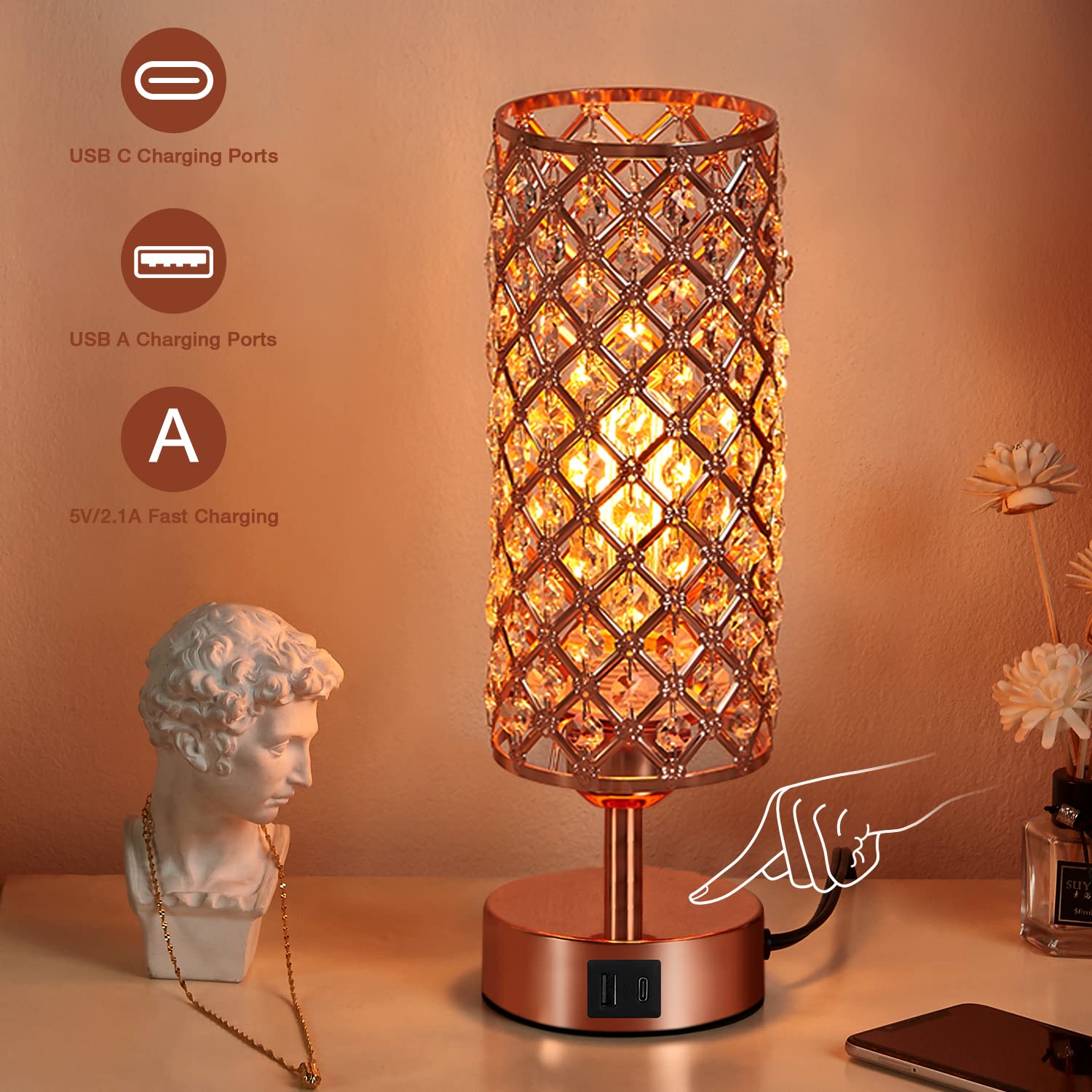 Hong-in rose-gold nightstand light enhances modern decor with subtle sparkle.